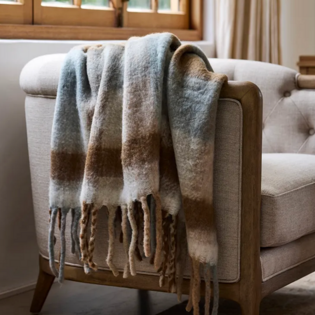 Blue Brown Plaid Tassel Throw