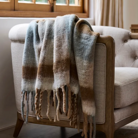 Blue Brown Plaid Tassel Throw