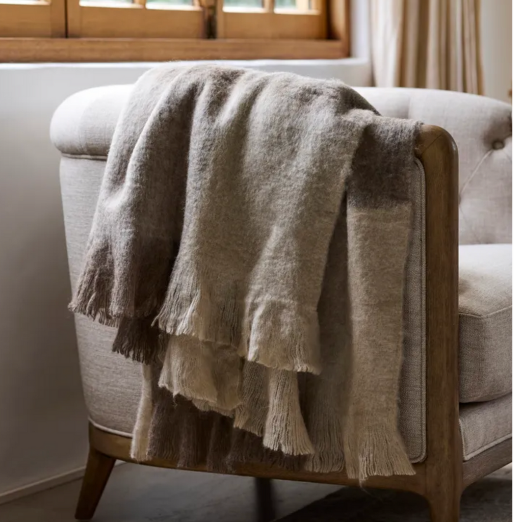 Beige Brown Plaid Fringe Throw