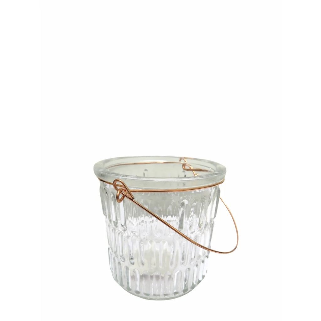 SML RIBBED GLASS HURRICANE WITH COPPER COLOUR WIRE HANDLE
