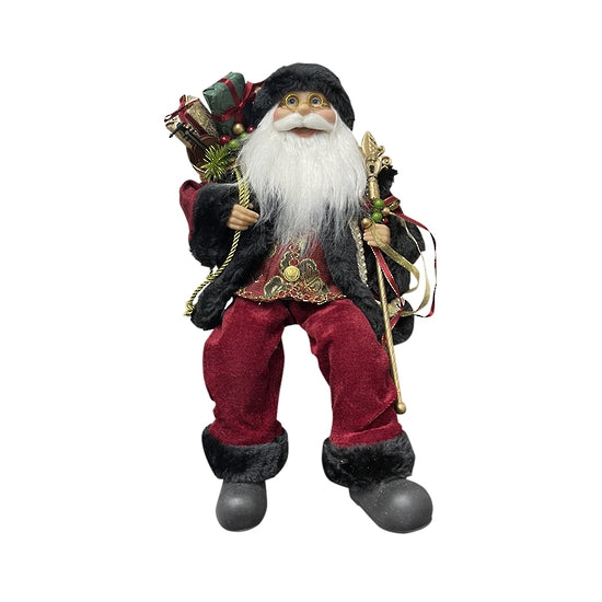 Sitting Santa in Burgandy Long Coat with Black Trim