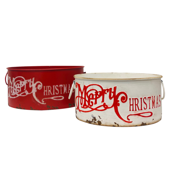 SET 2 OVAL RED AND WHITE TINS