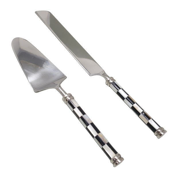CC Interiors CHECKER BLACK & WHITE BONE AND STAINLESS STEEL CAKE SERVER SET (2PC PER SET)
