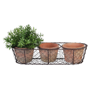 Aged Terracotta 3 Pots in Wire Basket