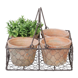 Aged Terracotta 4 Pots in Wire Basket