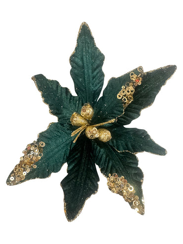 Dark Green & Gold Poinsettia Pick