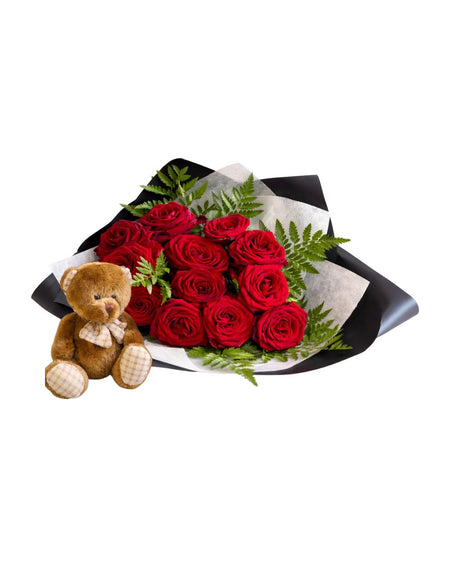 Teddy & Twelve Roses Gift Wrapped