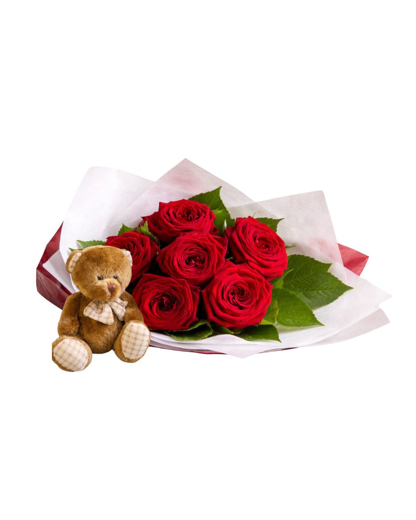 Teddy & Six Roses Gift Wrapped
