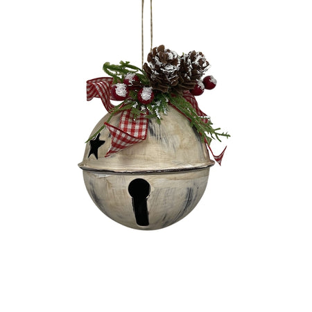 Aged White Metal Bell with a Red & White Ribbon