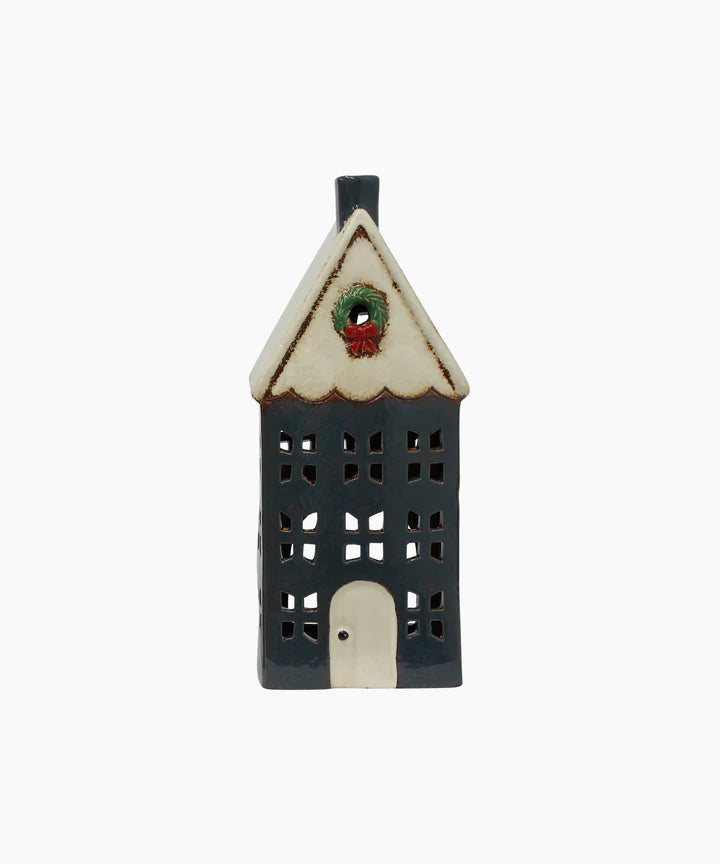 Christmas Tea Light House Blue with Wreath Large