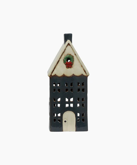 Christmas Tea Light House Blue with Wreath Large