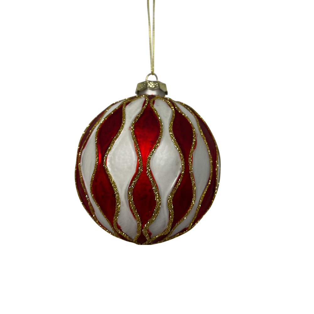 WHITE GLASS BALL WITH RED SWIRL