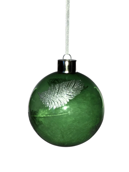 Green Glass Ball with Silver Feather