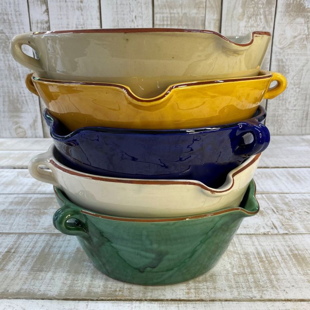 Spanish Terracotta Bowl with Lip and Handles - BLUE