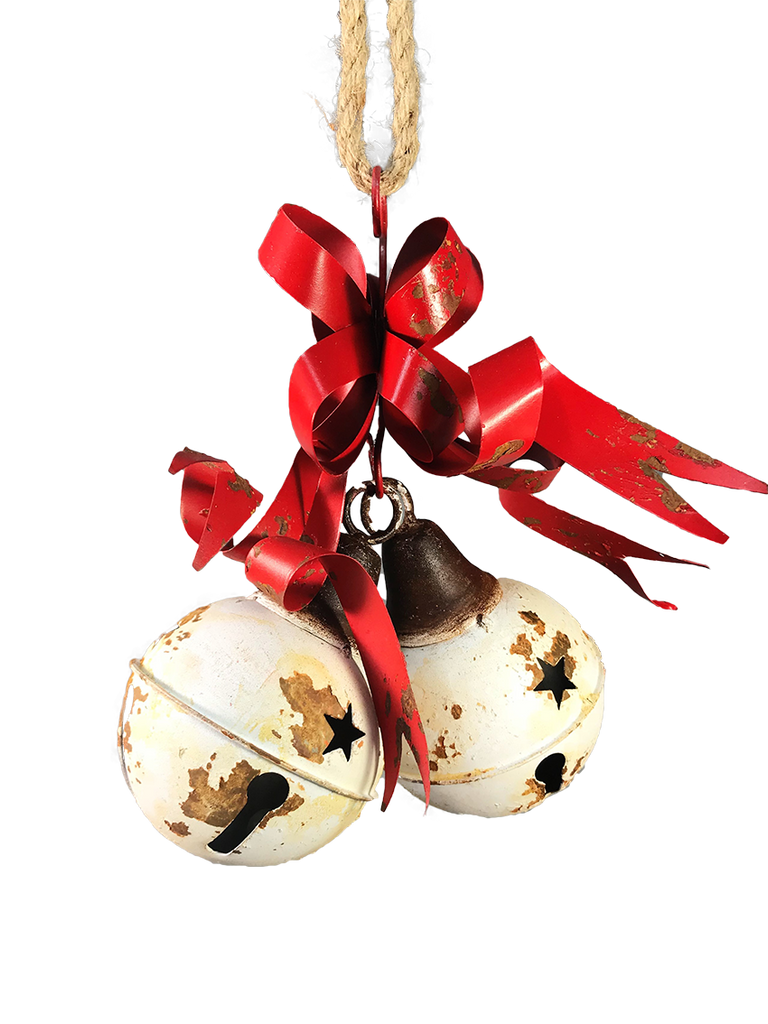 White Metal Bells with Red Ribbon